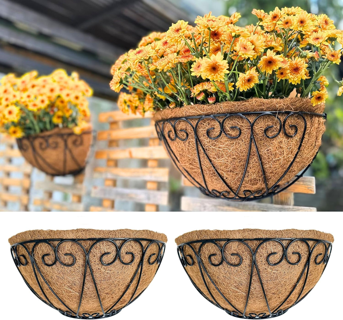 LaLaGreen Outdoor Wall Planters (2 Pack, 14 Inch) Black Metal Wall Mounted Hanging Basket with Coco Liner, Semi-Circle Flower Pot Plant Holder for Fence Railing Deck Porch Balcony French Garden Decor