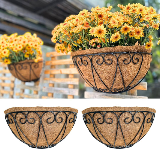LaLaGreen Outdoor Wall Planters (2 Pack, 14 Inch) Black Metal Wall Mounted Hanging Basket with Coco Liner, Semi-Circle Flower Pot Plant Holder for Fence Railing Deck Porch Balcony French Garden Decor