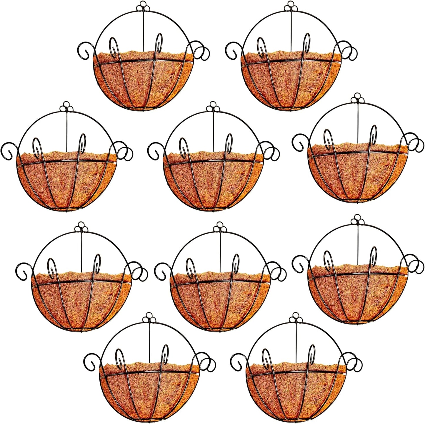 Shoplala Wall Planters Outdoor Plants (6 Pack, 10 Inch) Balcony Planters Railing Hanging Fence Planter Over Railing with Coco Liner, Wall Mounted Flower Basket Black Metal Wire Deck Porch Patio Garden