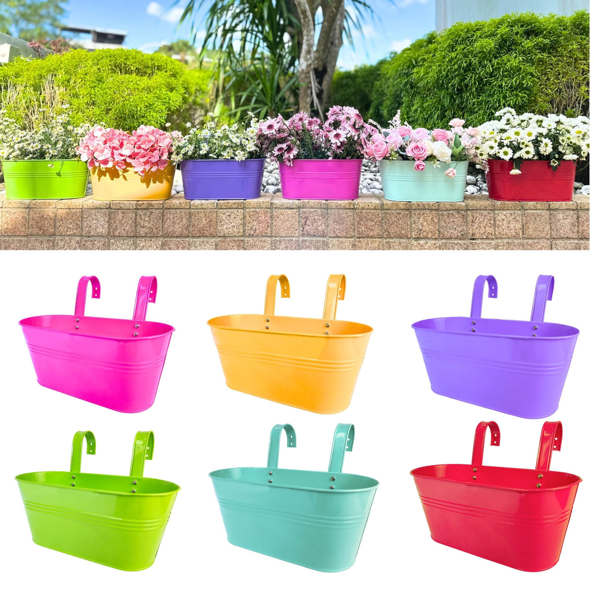 LaLaGreen Colorful Oval Metal Railing Planter Boxes
