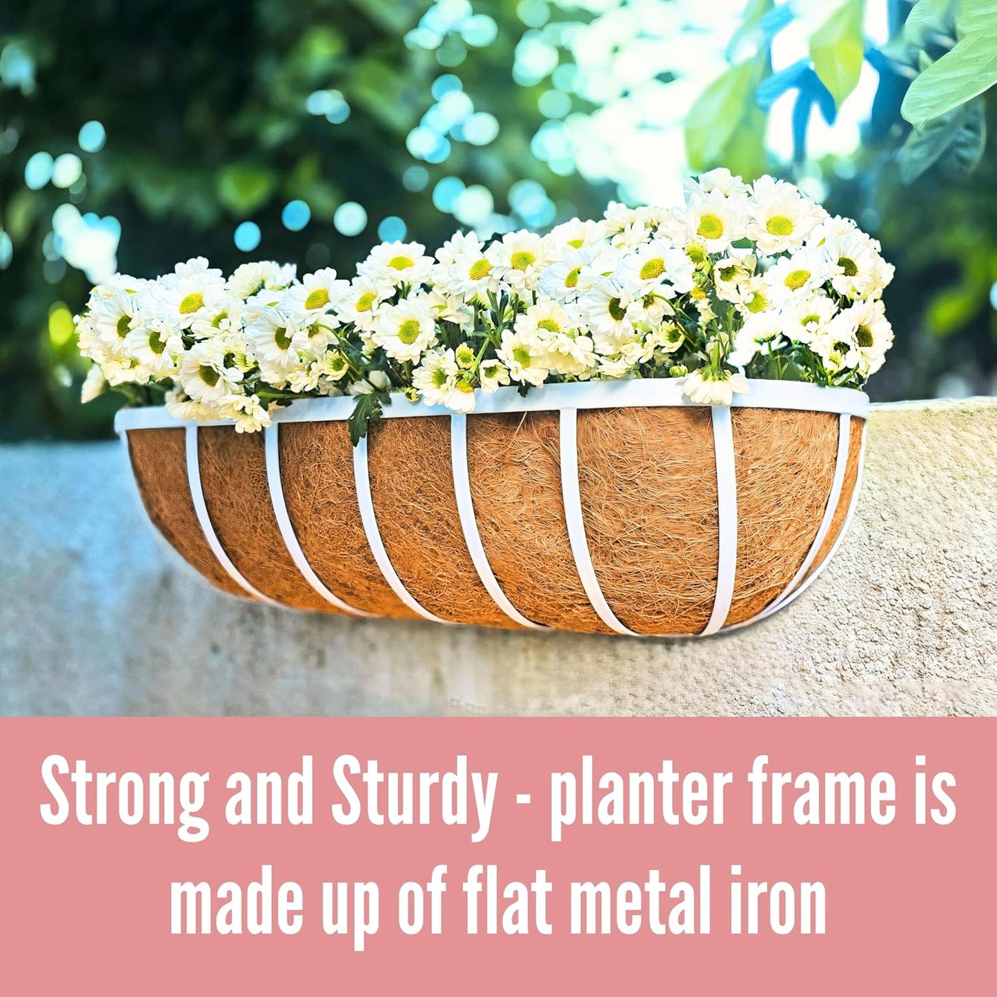 LaLaGreen Outoor Planter Boxes (30 Inch, 2 Pack) White Metal Deck Railings Flower Box with Coco Liners, Rectangular Hanging Planters for Window Plant Horse Trough Fence Balcony Garden Herb Porch Patio