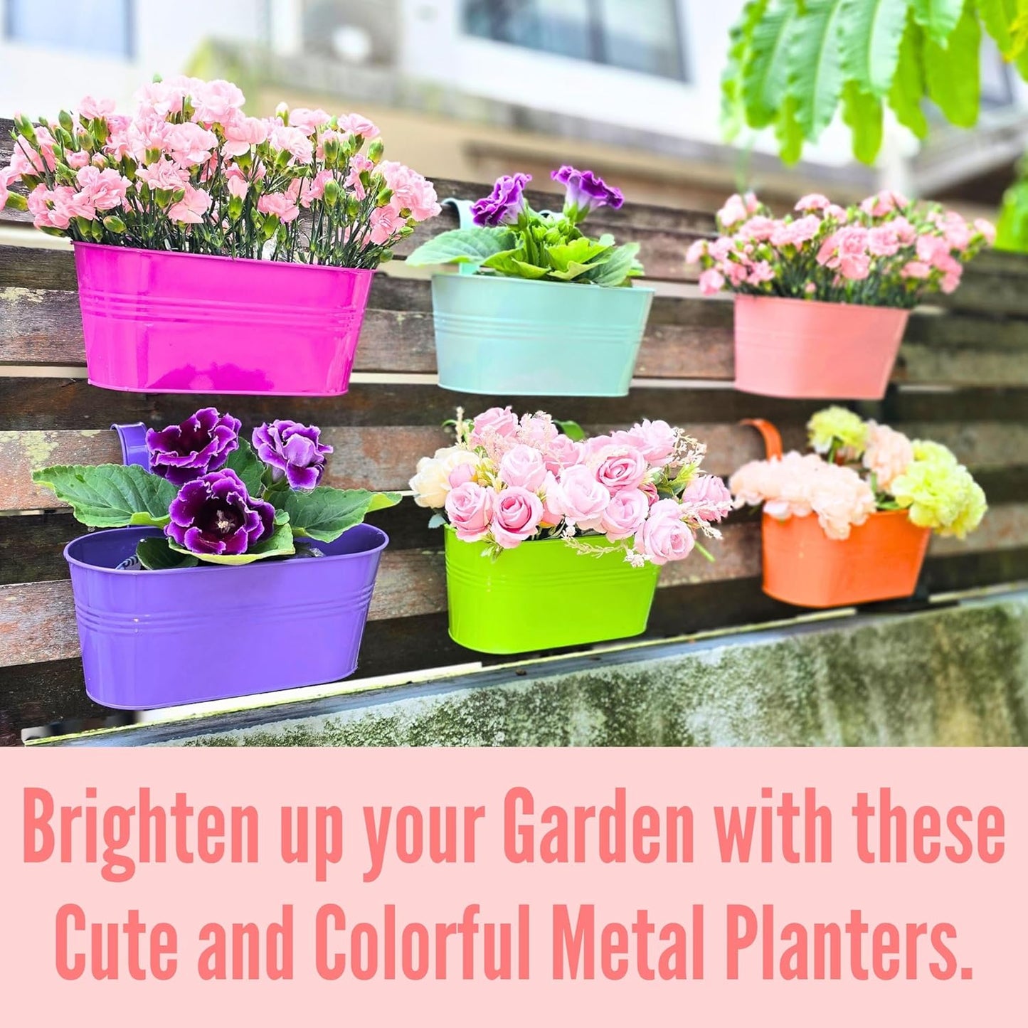 LaLaGreen Outdoor Hanging Planter (11.2 Inch, 6 Pack) Light Blue, Green, Neon Pink, Dark Blue, Orange, Peachy Pink Metal Iron Window Box Flower Pot Deck Railings Fence Rails Buckets Porch Garden Decor