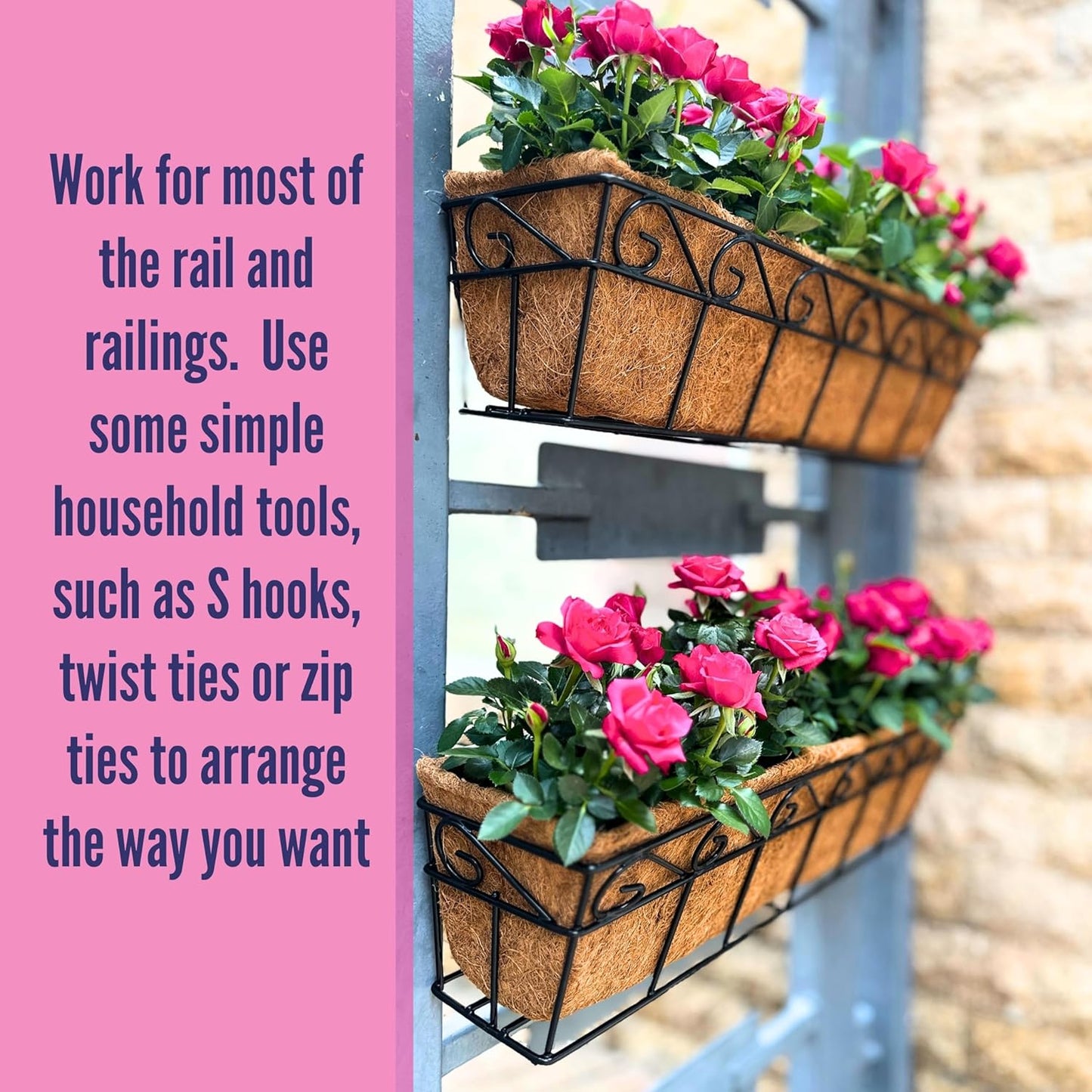 LaLaGreen Large Window Flower Boxes - 2 Pack, 24 Inch Balcony Planter, Deck Railing Planters with Coco Liners Outdoor Wall Pot Plant Holder, Black Metal Horse Trough Fence Patio Porch Over Rail Decor