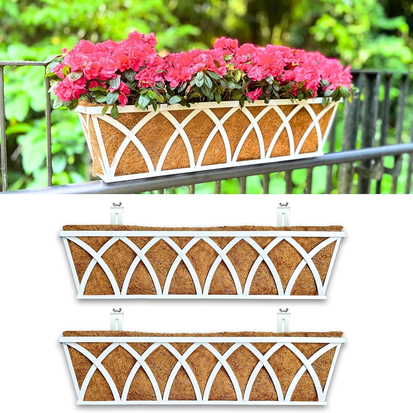 LaLaGreen Railing Planter Boxes (2 Pack, 24 Inch) White Metal Rectangular Window Flower Box with Coco Liner, Hanging Planters for Outdoor Plants Holder Deck Rail Fence Balcony Patio Porch Garden Decor