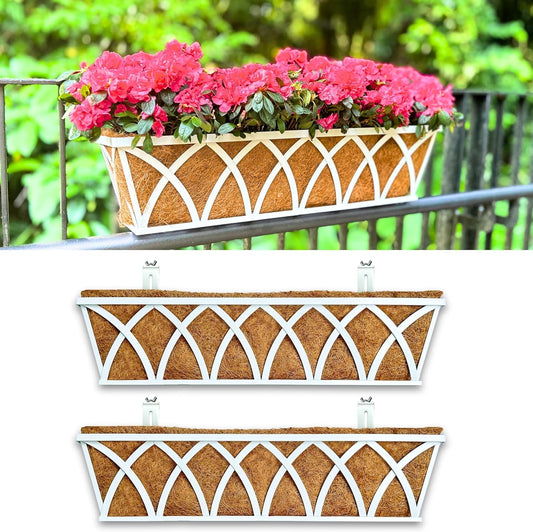 LaLaGreen Railing Planter Boxes (2 Pack, 24 Inch) White Metal Rectangular Window Flower Box with Coco Liner, Hanging Planters for Outdoor Plants Holder Deck Rail Fence Balcony Patio Porch Garden Decor