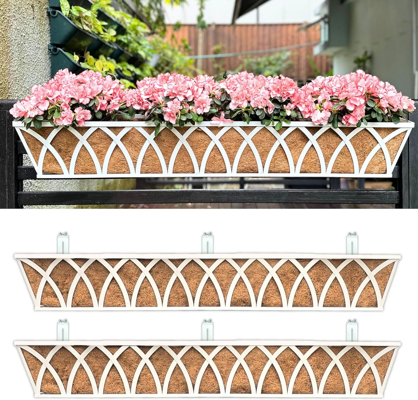 LaLaGreen Deck Railing Planter (2 Pack, 48") Extra Large Wall Mounted Hanging Planters with Coco Liner, White Metal Rectangular Window Box for Outdoor Plants Garden Fence Balcony Porch Patio Decor