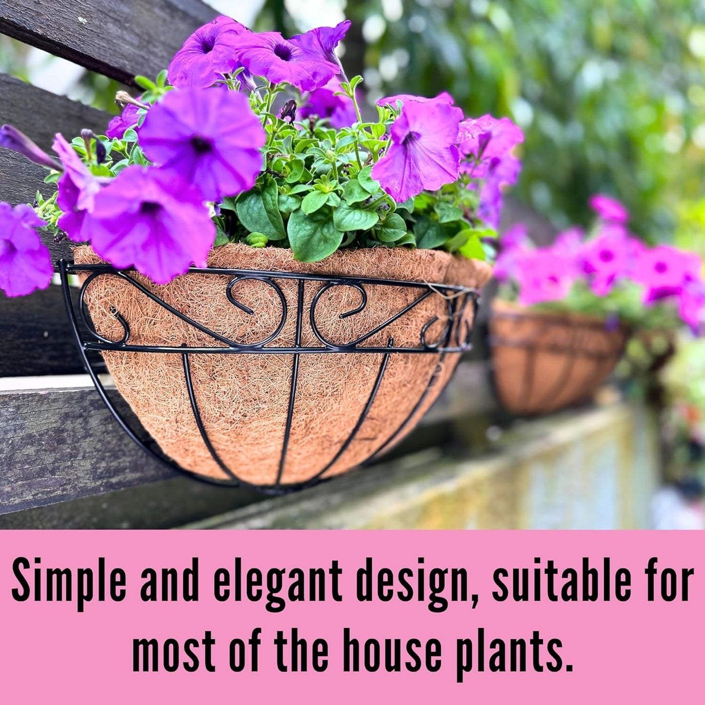 LaLaGreen Wall Hanging Planter, 2 Pack, 12 Inch Wall Mounted Flower Basket with Coco Liner for Outdoor Plants, Black Metal Wire Rail Herb Pot Holder Fence Railing Deck Porch Balcony Garden Patio Decor