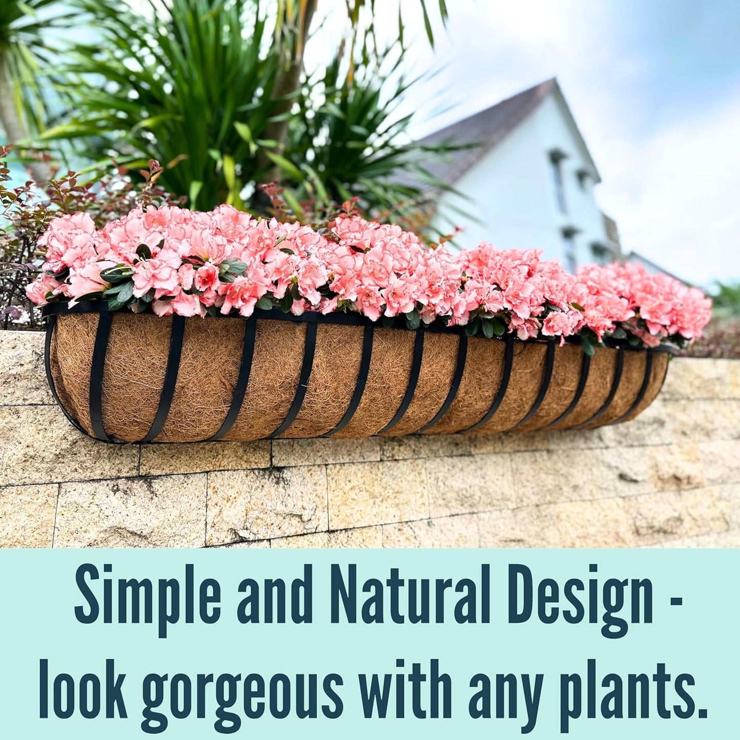 LaLaGreen Wall Hanging Planter Outdoor (48 Inch, 2 Pack) Large Window Flower Box with Coco Liners, Black Metal Rectangular Plant Holder Attach to House Horse Trough Fence Balcony Modern Porch Patio