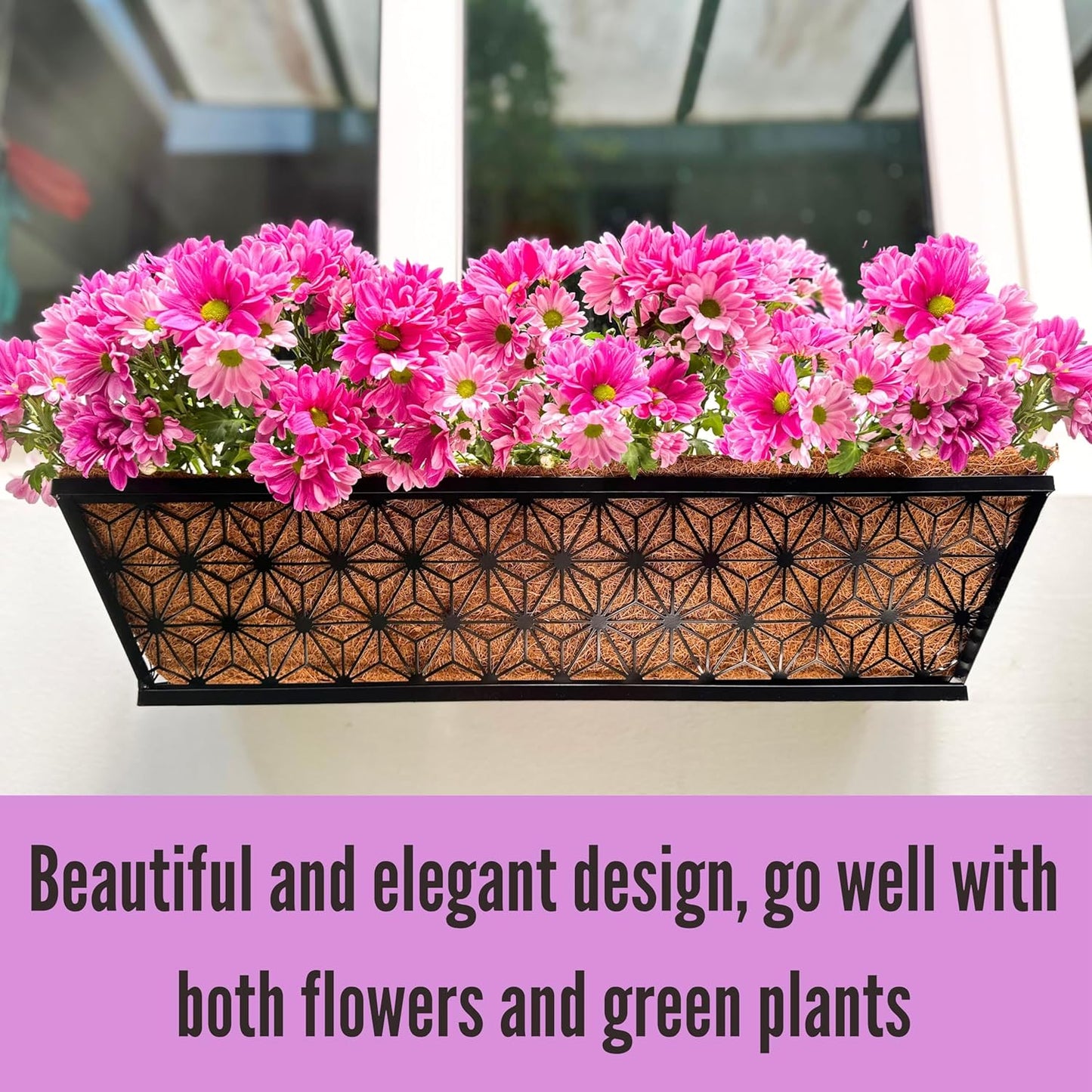 LaLaGreen Window Boxes Planter for Outdoor Plants (4 Pack, 24 Inch) Black Metal Rectangular Flower Pot Wall Planters with Coco Liner, Modern Stylish Horse Trough Railing Deck Rail Fence Balcony Patio