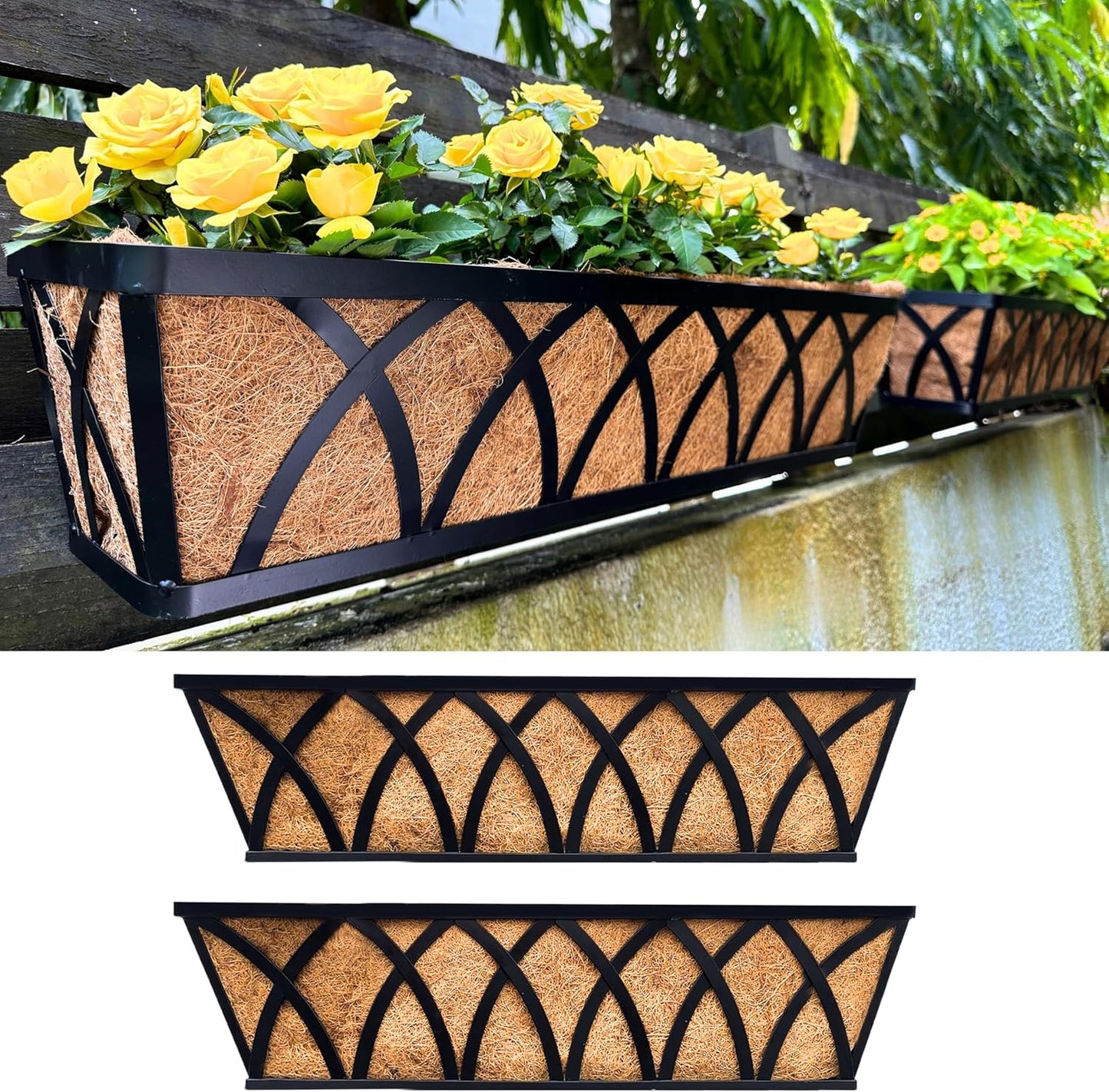 LaLaGreen Wall Planter (2 Pack, 24 Inch) Large Wall Hanging Planter Coco Liner Metal Iron Window Flower Boxes Outdoor Basket Box Attach House Outside Fence Rail Railing Plant Holder Deck Porch Balcony