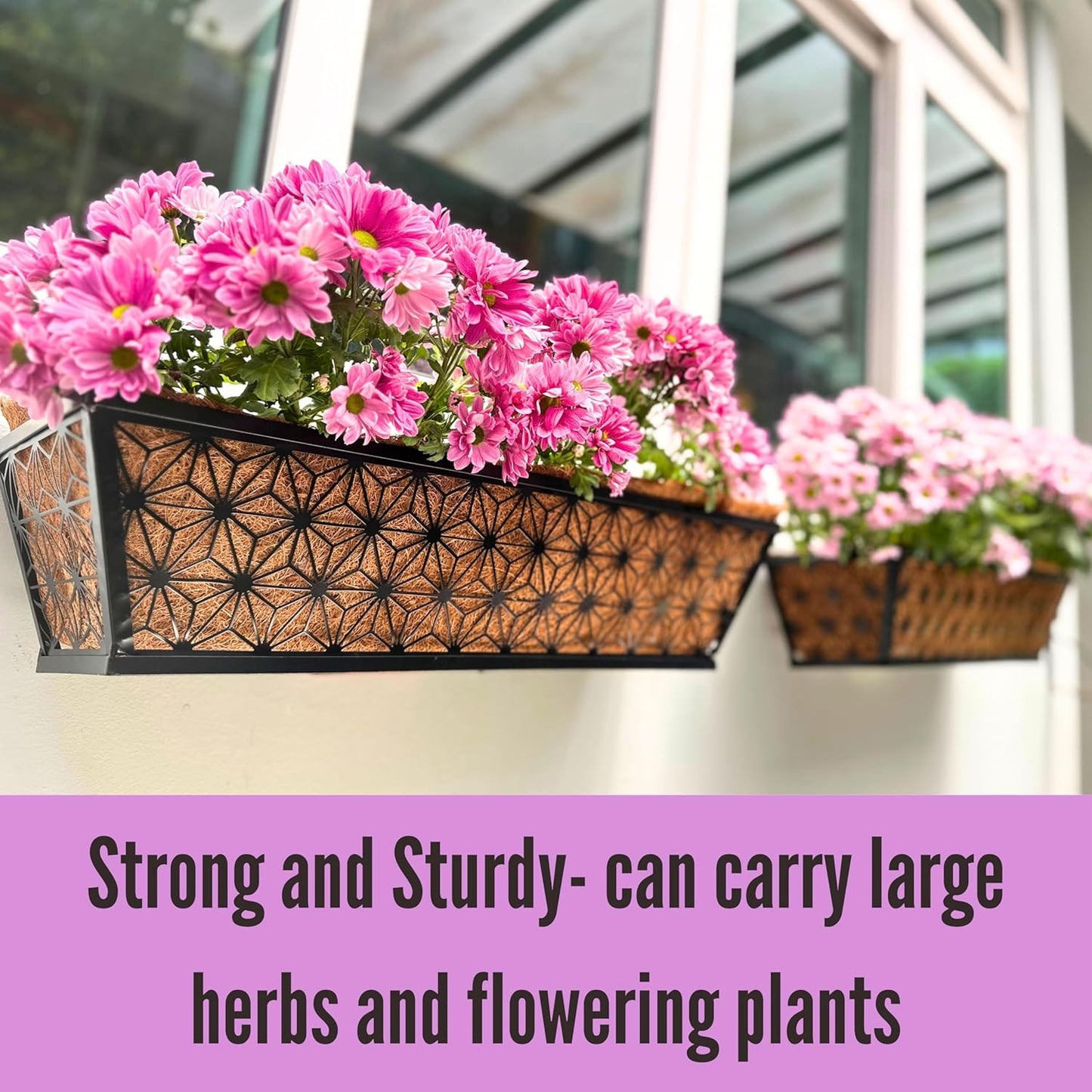 LaLaGreen Window Boxes Planter for Outdoor Plants (4 Pack, 24 Inch) Black Metal Rectangular Flower Pot Wall Planters with Coco Liner, Modern Stylish Horse Trough Railing Deck Rail Fence Balcony Patio