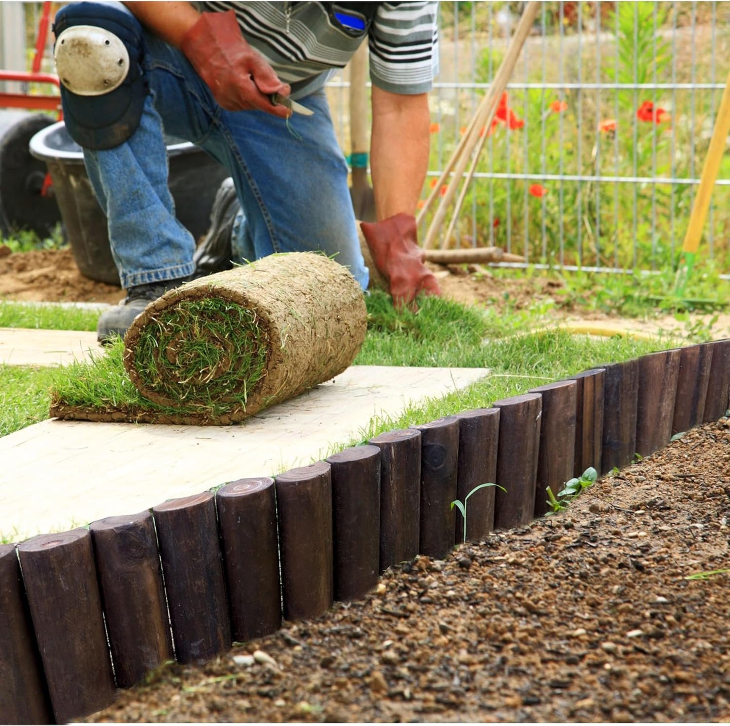 LaLaGreen Garden Edging Border (36"x6", 6 Pack) Small Wood Fence Panel for Yard Lawn Landscape Patio Pathway Trees Decor, Expandable Brown Wooden Stakes Decorative Flower Bed Fencing Outdoor No Dig