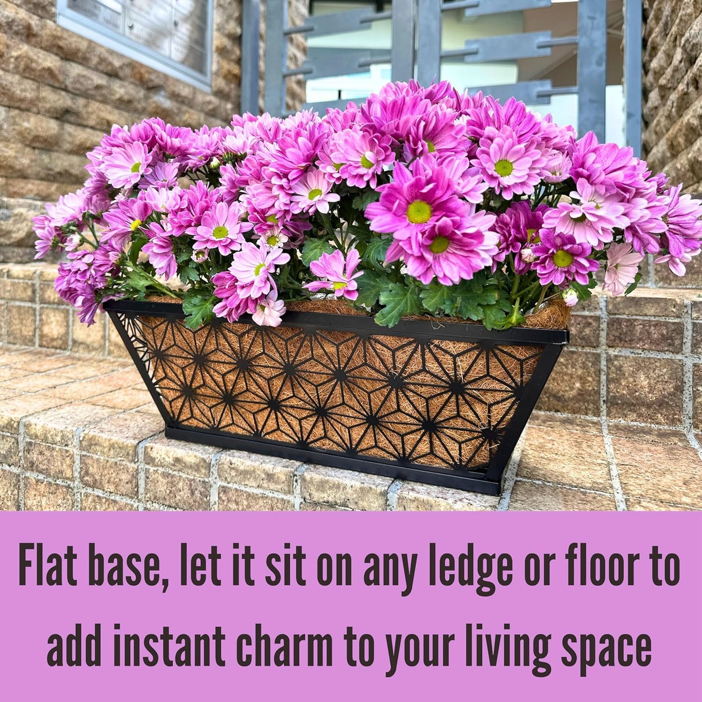 LaLaGreen Window Boxes Planter for Outdoor Plants (2 Pack, 16 Inch) Black Metal Basket Flower Pot Rectangular Wall Planters with Coco Liner, Horse Trough Deck Railing Balcony Modern Garden Fence Patio