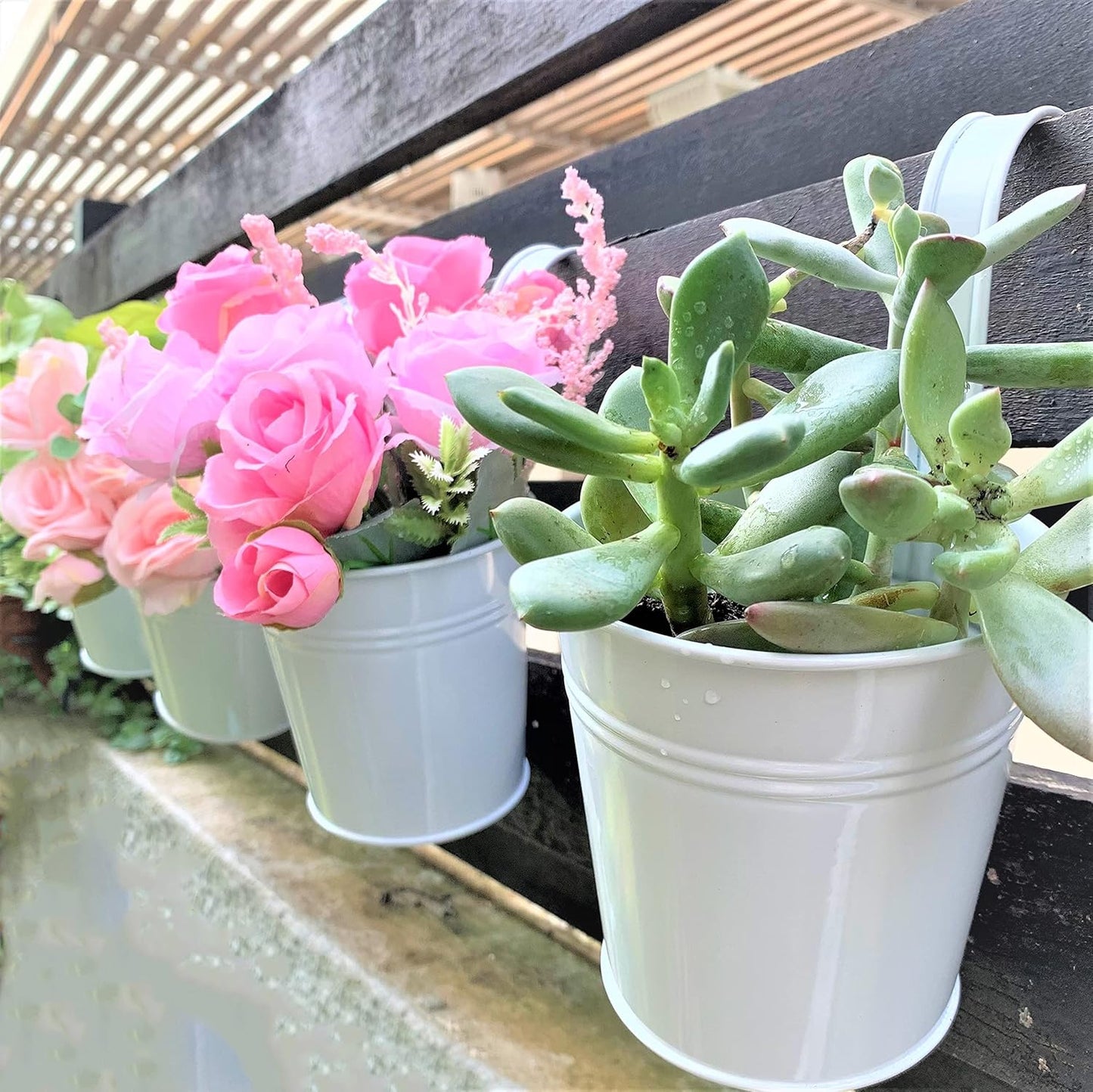 LaLaGreen Small Hanging Planters Outdoor - 10 Pack, 4 Inch Rainbow Planter Colorful Flower Pots Metal Iron, Rail Balcony Garden Deck Railing Plant Hanger Fence Wall, Herb Bucket Indoor Window Boxes