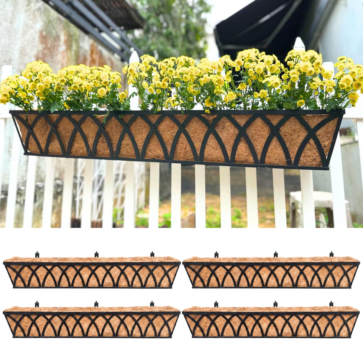 LaLaGreen Balcony Railing Planter (48 in, 4 Pack) Black Metal Flower Boxes