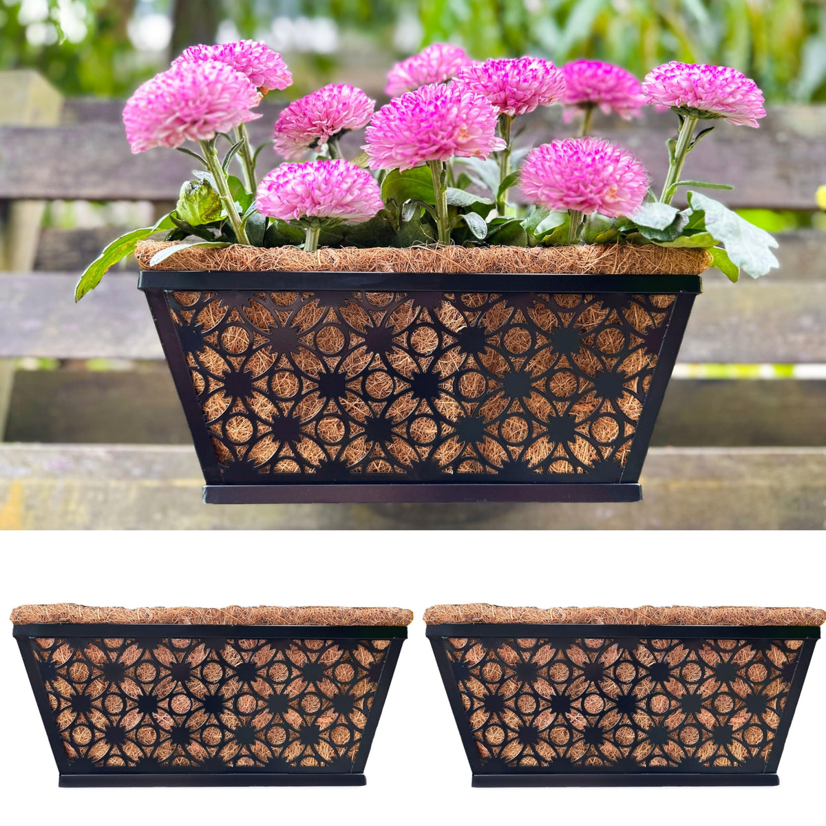 LaLaGreen Flower Wall Planter (12 in, 2 Pack) Black Metal Window Boxes