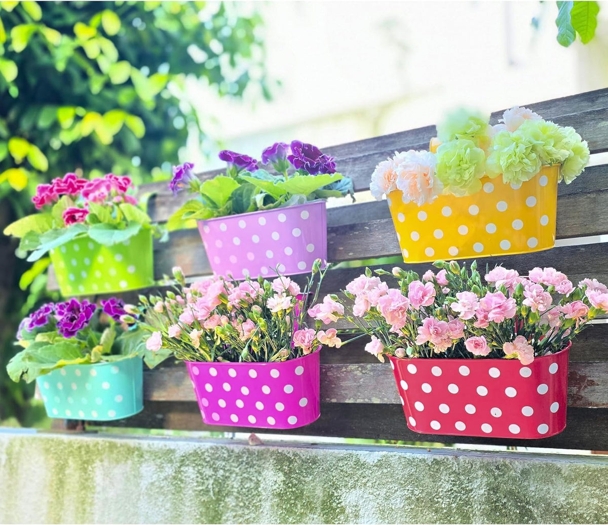 LaLaGreen Polka Dot Metal Railing Planter Boxes — 11.2 in