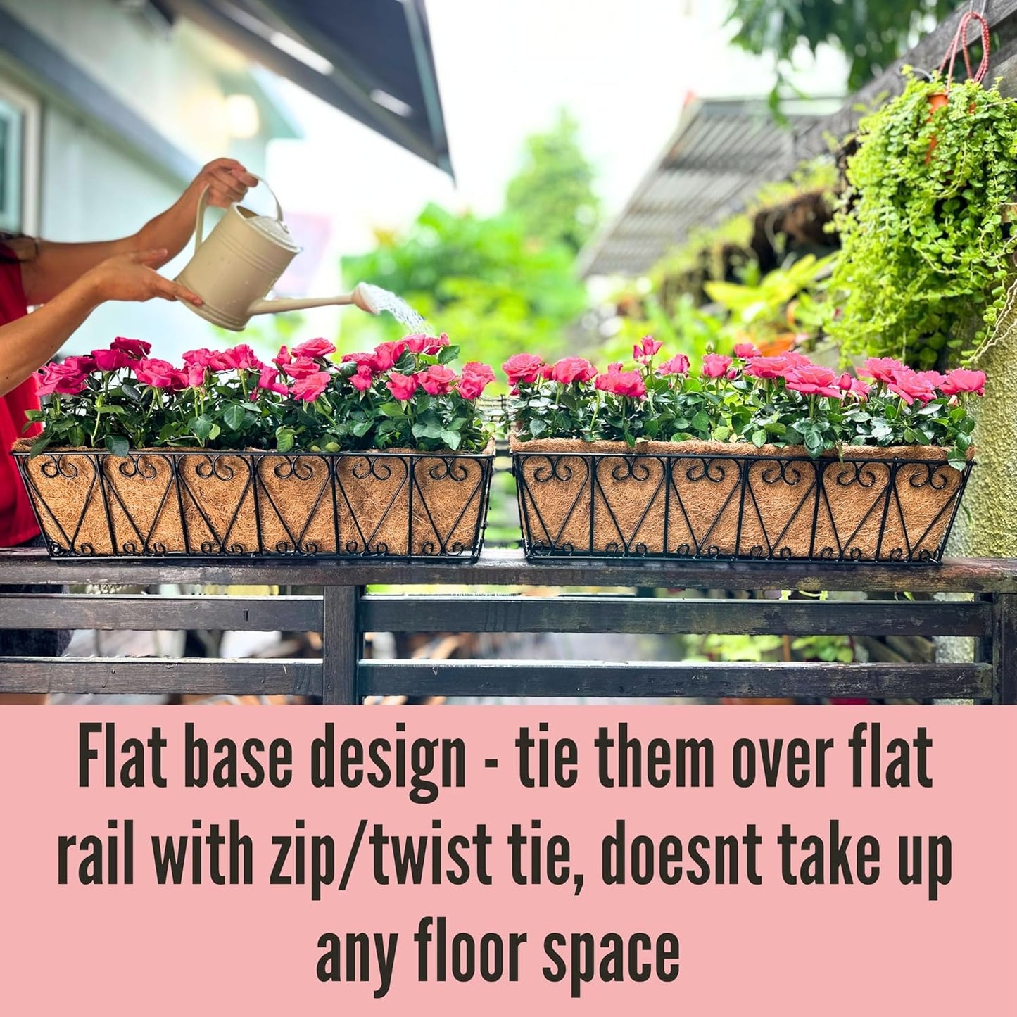 LaLaGreen Large Rail Planters - 2 Pack, 24 Inch Wall Hanging Basket with Coco Liner Deck Railing Hanging Window Flower Box Outdoor Black Metal Trough Plant Holder Fence Balcony Patio Porch Garden