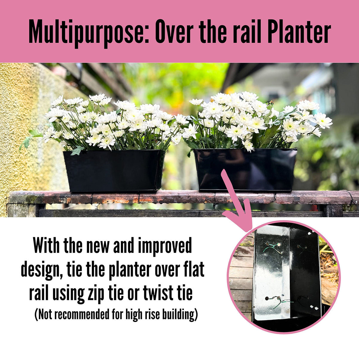 LaLaGreen Rail Planter (16 in) Black Metal Deck Fence Pots