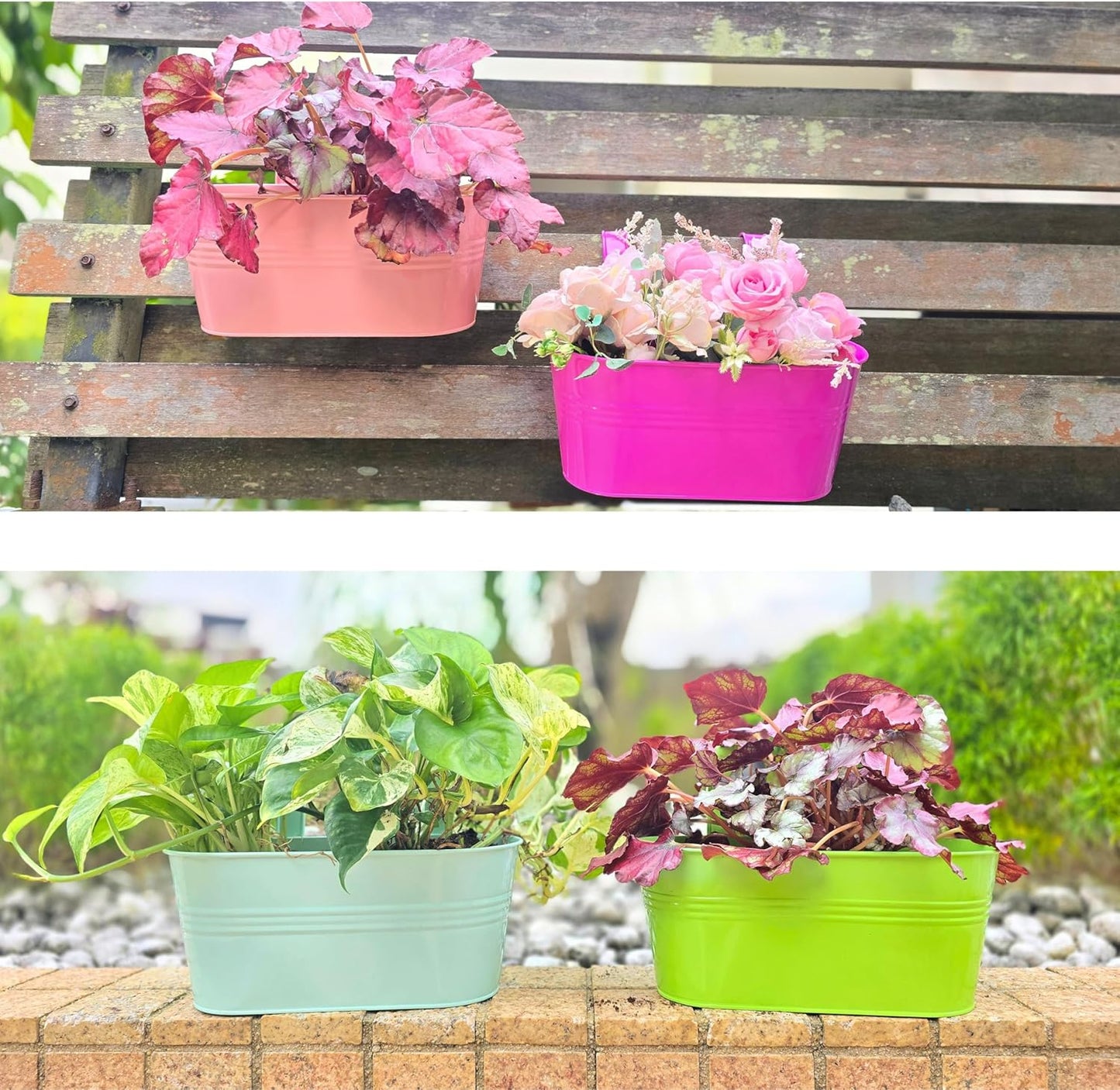 LaLaGreen Outdoor Hanging Planter (11.2 Inch, 6 Pack) Light Blue, Green, Neon Pink, Yellow, Orange, Peachy Pink Metal Iron Window Box Flower Pot Deck Railings Fence Rail Bucket Porch Home Garden Decor