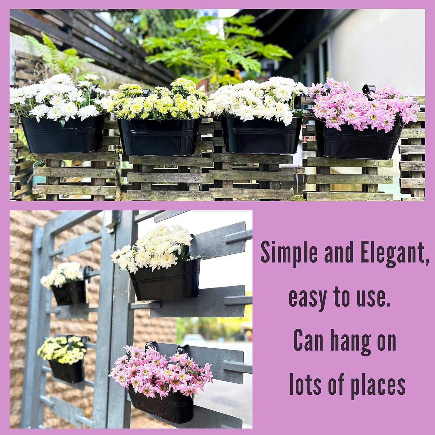 LaLaGreen Rail Planter Outdoor Plants(5 Pack, 11.8 Inch) Black Metal Iron Hanging Flower Pots Deck Railings Fence Buckets Modern Countryside Boho Style Wall Mount Window Box Plant Holder Porch Decor