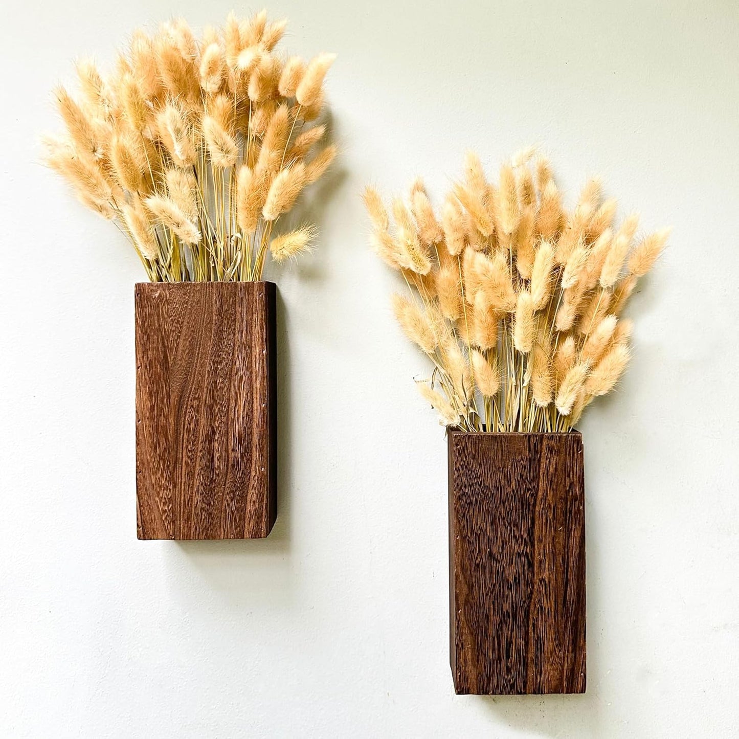 LaLaGreen Wood Wall Planters (2 Pack, 8 Inch), Include Bunny Tails Dried Flowers, Hanging Planter Wooden Box Vase for Indoor Modern Rustic Farmhouse Decor Home Living Room Bathroom Trendy Decoration
