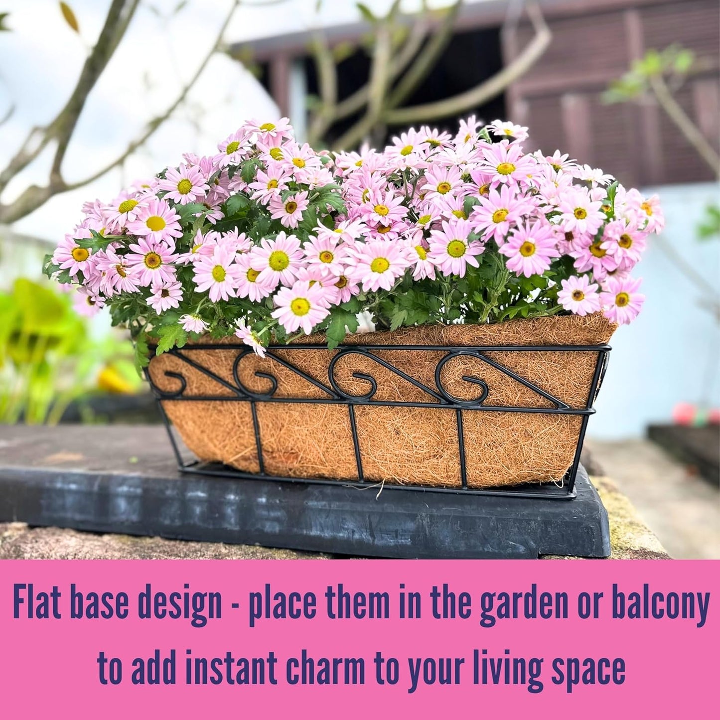 LaLaGreen Wall Mounted Planters - 16 Inch, 4 Pack Window Flower Boxes Basket Outdoor, Balcony Planter Over The Rail, Deck Railing Hanging with Coco Liners, Metal Horse Troughs Fence Patio Porch