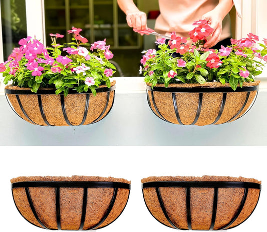 LaLaGreen Wall Planters - 16 Inch, 2 Pack Deck Railing Planter Boxes for Outdoor Plants, Window Flower Box with Coco Liners Metal Horse Troughs Fence Balcony Garden Herb Pot Patio Porch Over Rail