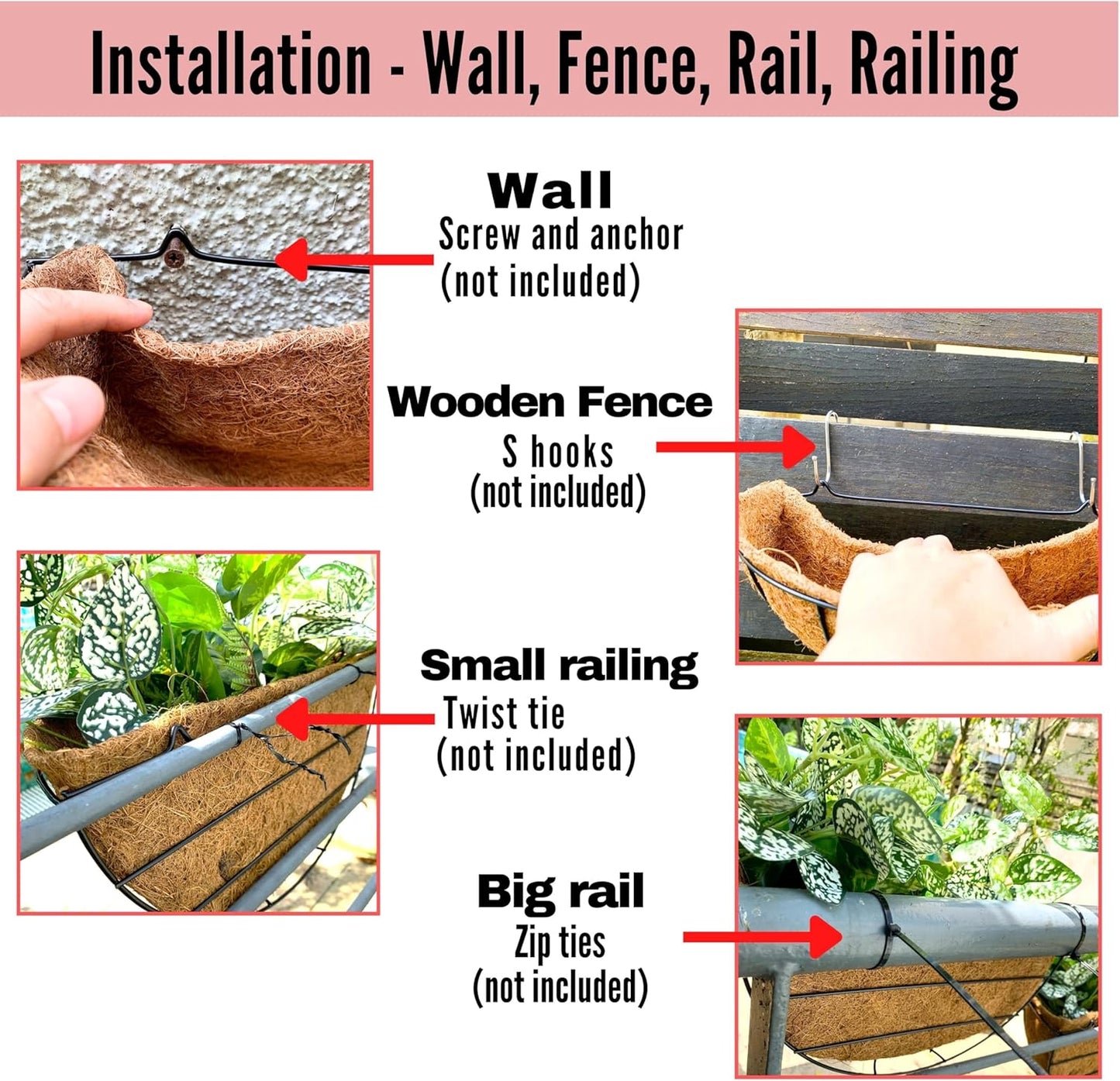 LaLaGreen Wall Planters for Outdoor Plants (2 Pack, 14 Inch) Large Hanging Planter with Coco Liner, Metal Round Wire Flower Basket Outside Fence Railing Plant Pots Holder Deck Porch Balcony Decor
