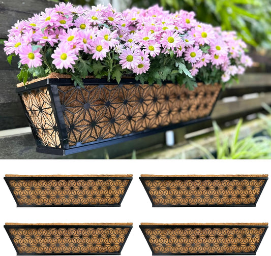 LaLaGreen Window Boxes Planter for Outdoor Plants (4 Pack, 24 Inch) Black Metal Rectangular Flower Pot Wall Planters with Coco Liner, Modern Stylish Horse Trough Railing Deck Rail Fence Balcony Patio