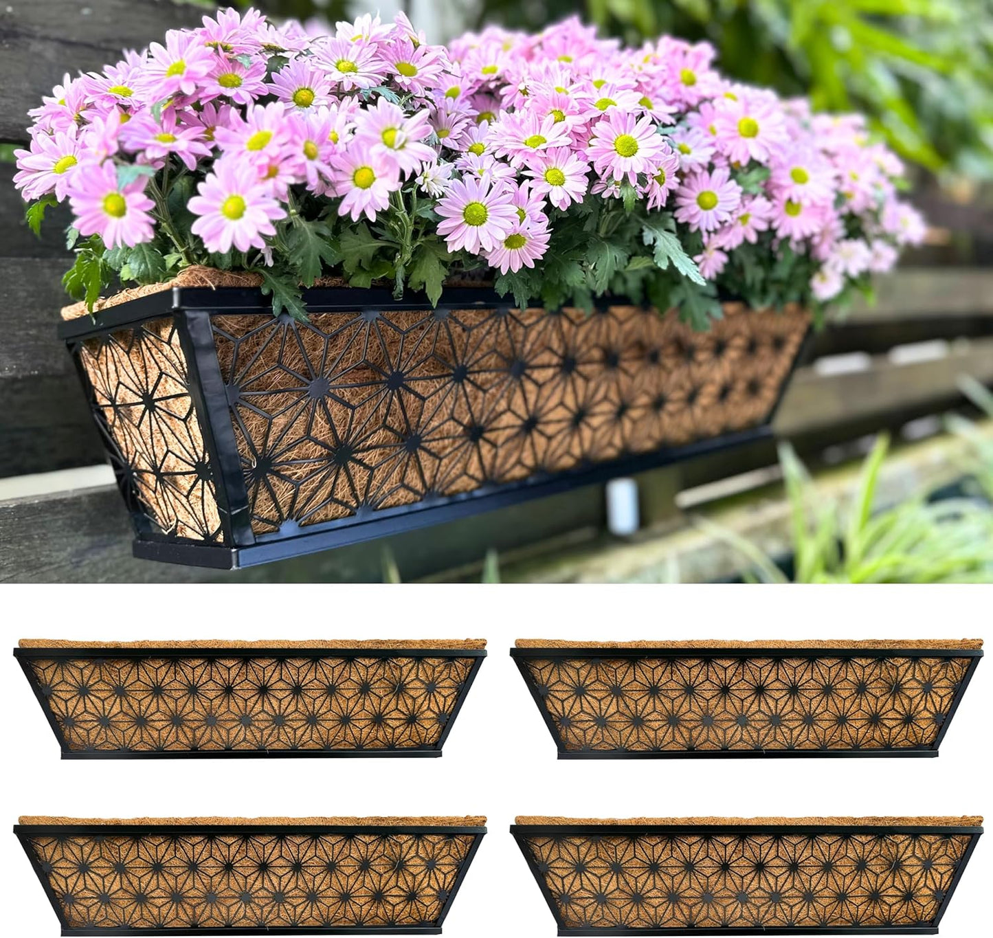 LaLaGreen Window Boxes Planter for Outdoor Plants (4 Pack, 24 Inch) Black Metal Rectangular Flower Pot Wall Planters with Coco Liner, Modern Stylish Horse Trough Railing Deck Rail Fence Balcony Patio