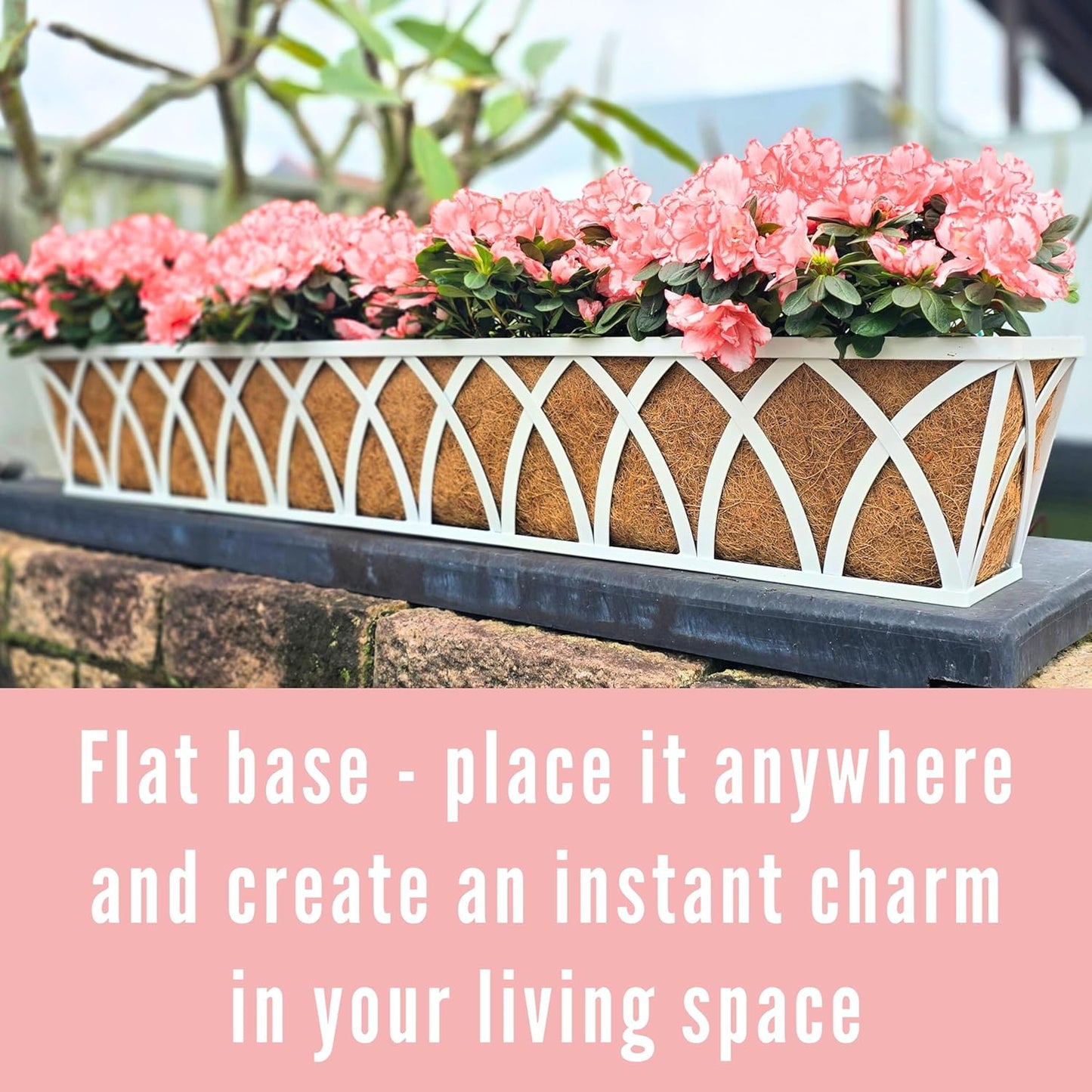 LaLaGreen Wall Planter Outdoor (36 Inch, 2 Pack) White Metal Rectangular Hanging Flower Boxes with Coco Liner Window Basket Plant Holder Deck Rail Railing Patio Horse Trough Balcony Fence Porch Garden