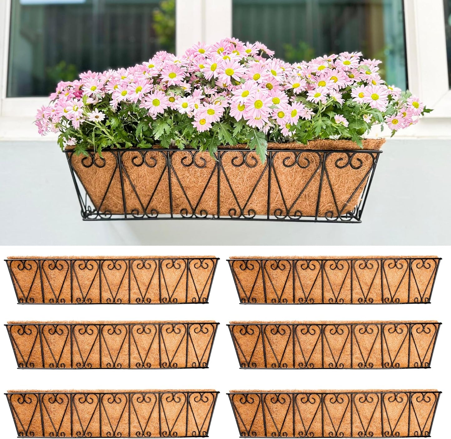 LaLaGreen Large Rail Planters - 2 Pack, 24 Inch Wall Hanging Basket with Coco Liner Deck Railing Hanging Window Flower Box Outdoor Black Metal Trough Plant Holder Fence Balcony Patio Porch Garden