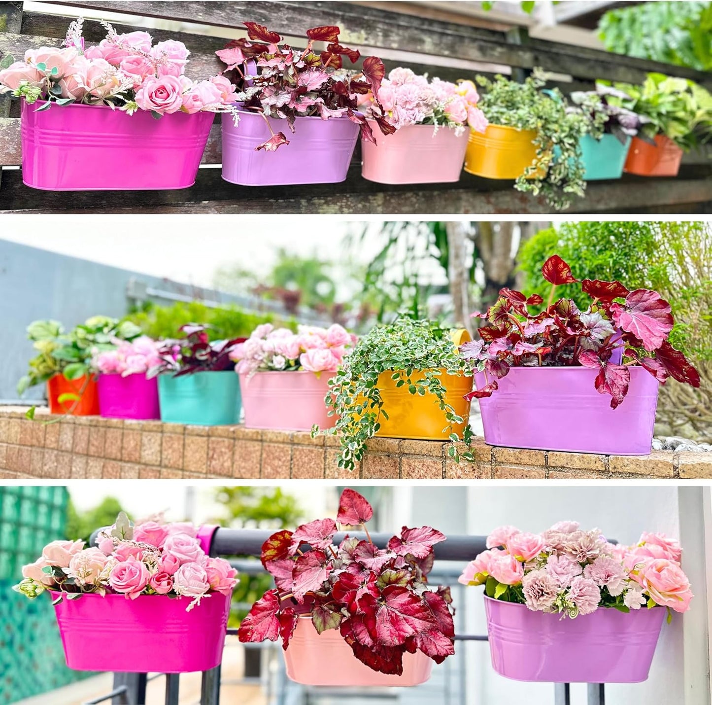 LaLaGreen Outdoor Hanging Planter (11.2 Inch, 6 Pack) Light Pink, Light Purple, Turquoise, Neon Pink, Yellow, Orange Metal Iron Window Box Flower Pot Deck Railings Fence Buckets Porch Garden Decor