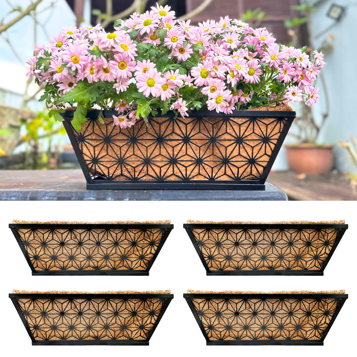 LaLaGreen Flower Wall Planter (12 in, 2 Pack) Black Fence Window Box