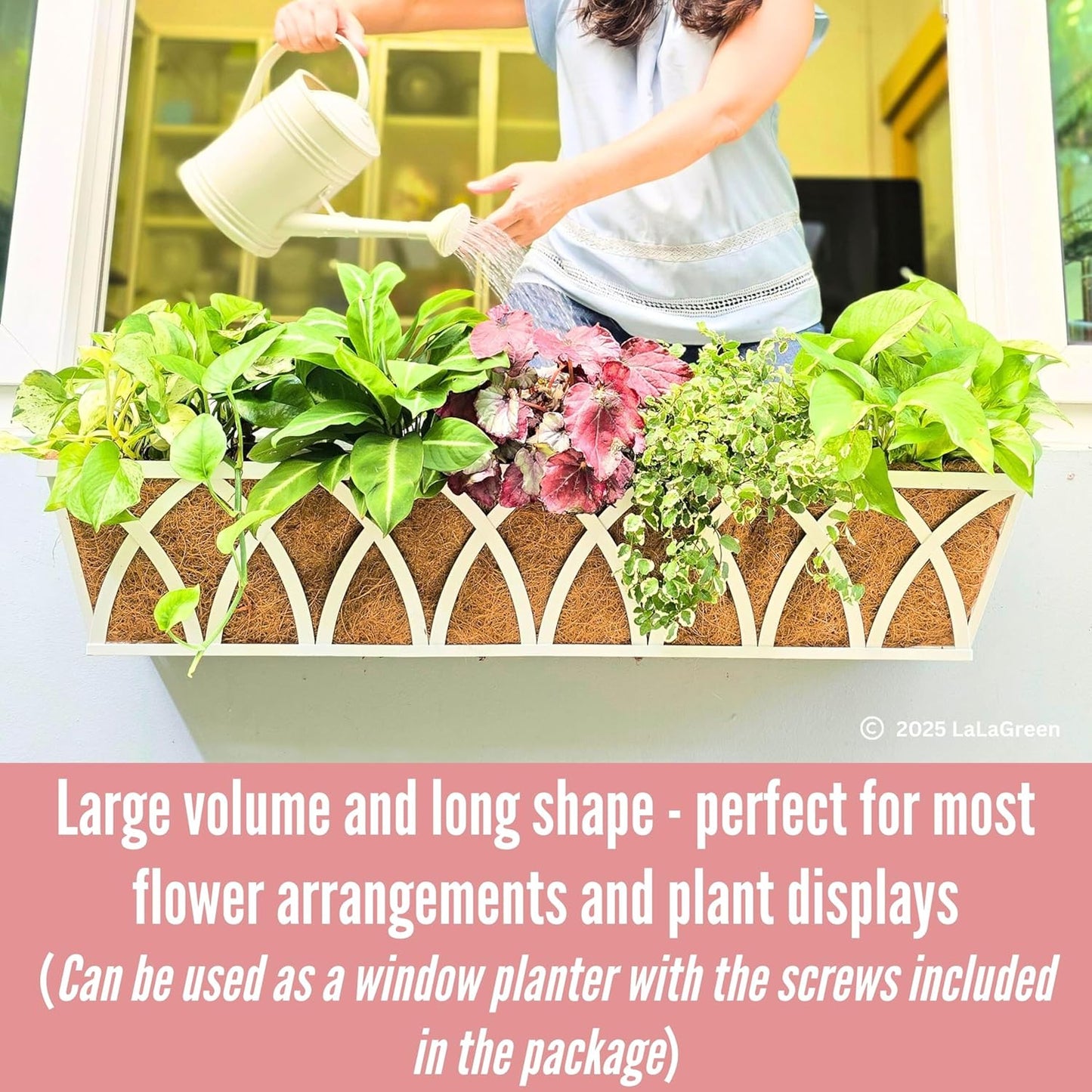 LaLaGreen Railing Planter Boxes (2 Pack, 24 Inch) White Metal Rectangular Window Flower Box with Coco Liner, Hanging Planters for Outdoor Plants Holder Deck Rail Fence Balcony Patio Porch Garden Decor