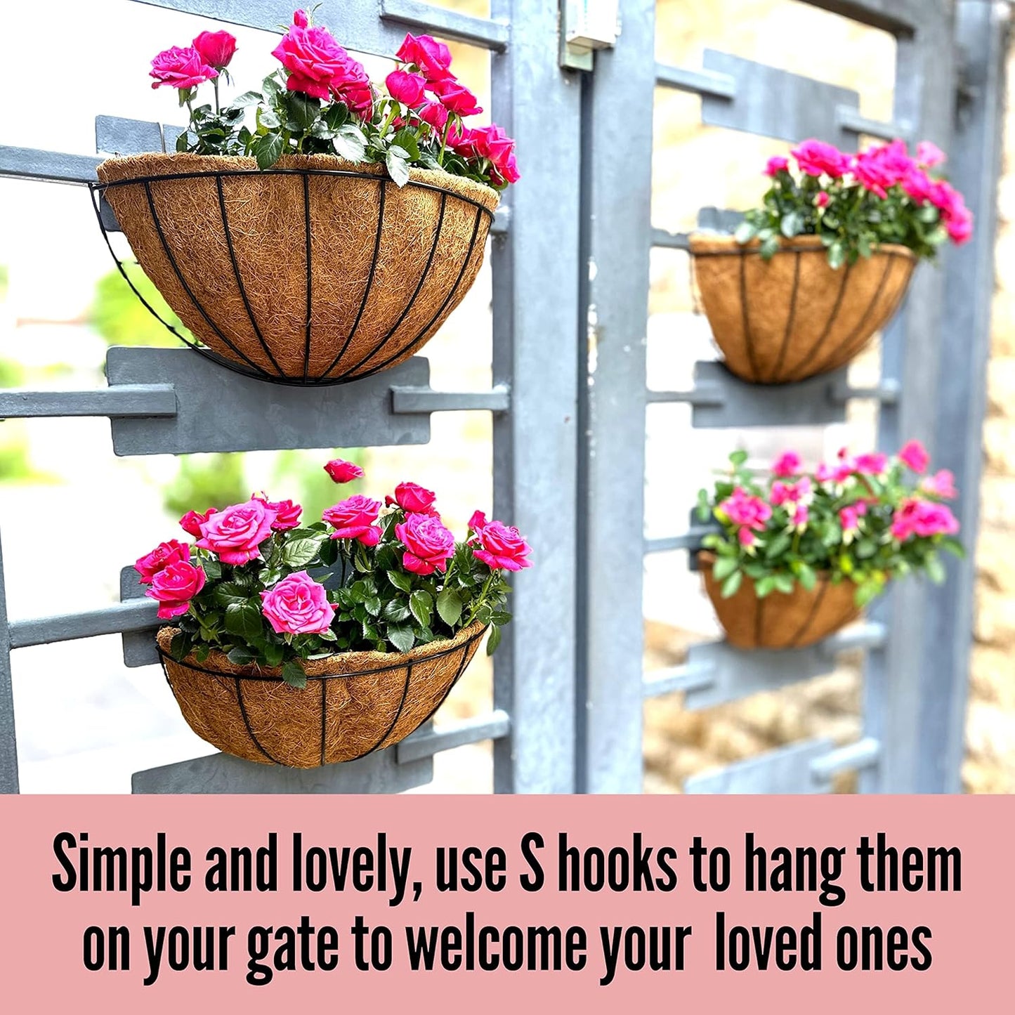 LaLaGreen Wall Planters for Outdoor Plants (2 Pack, 14 Inch) Large Hanging Planter with Coco Liner, Metal Round Wire Flower Basket Outside Fence Railing Plant Pots Holder Deck Porch Balcony Decor