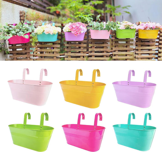 LaLaGreen Rail Planter Outdoor Plants (6 Pack, 9.8 Inch) Small and Cute Metal Iron Strawberry Hanging Flower Pot Deck Railing, Colorful Mini Fence Bucket Wall Mount Window Box Plant Holder Porch Decor