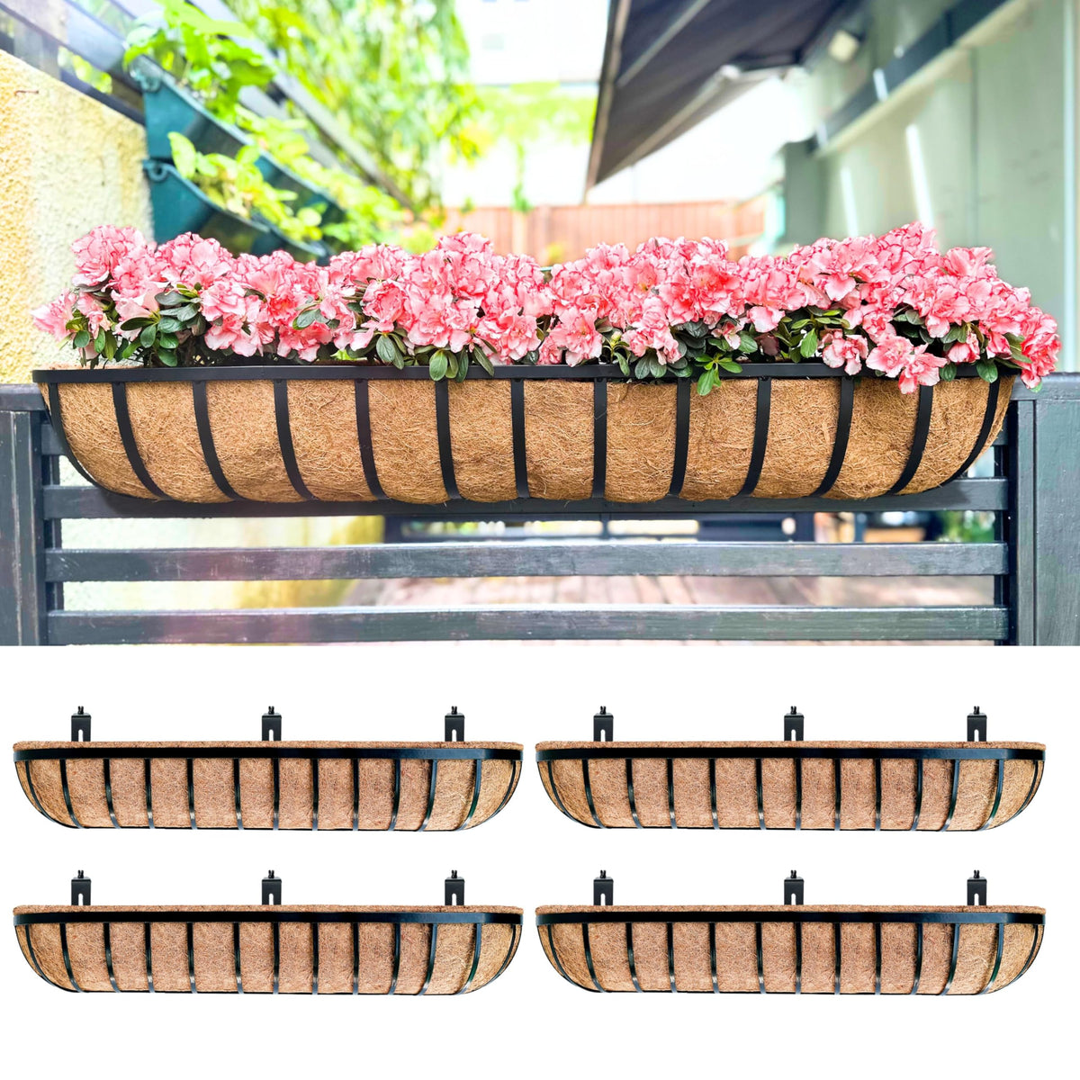 LaLaGreen Deck Railing Planter Boxes (16 Inch, 2 Pack) Black Metal Rectangular Hanging Planters with Coco Liner, Adjustable Flower Planter Box Brackets for Plants Fence Balcony Patio Porch Over Rail