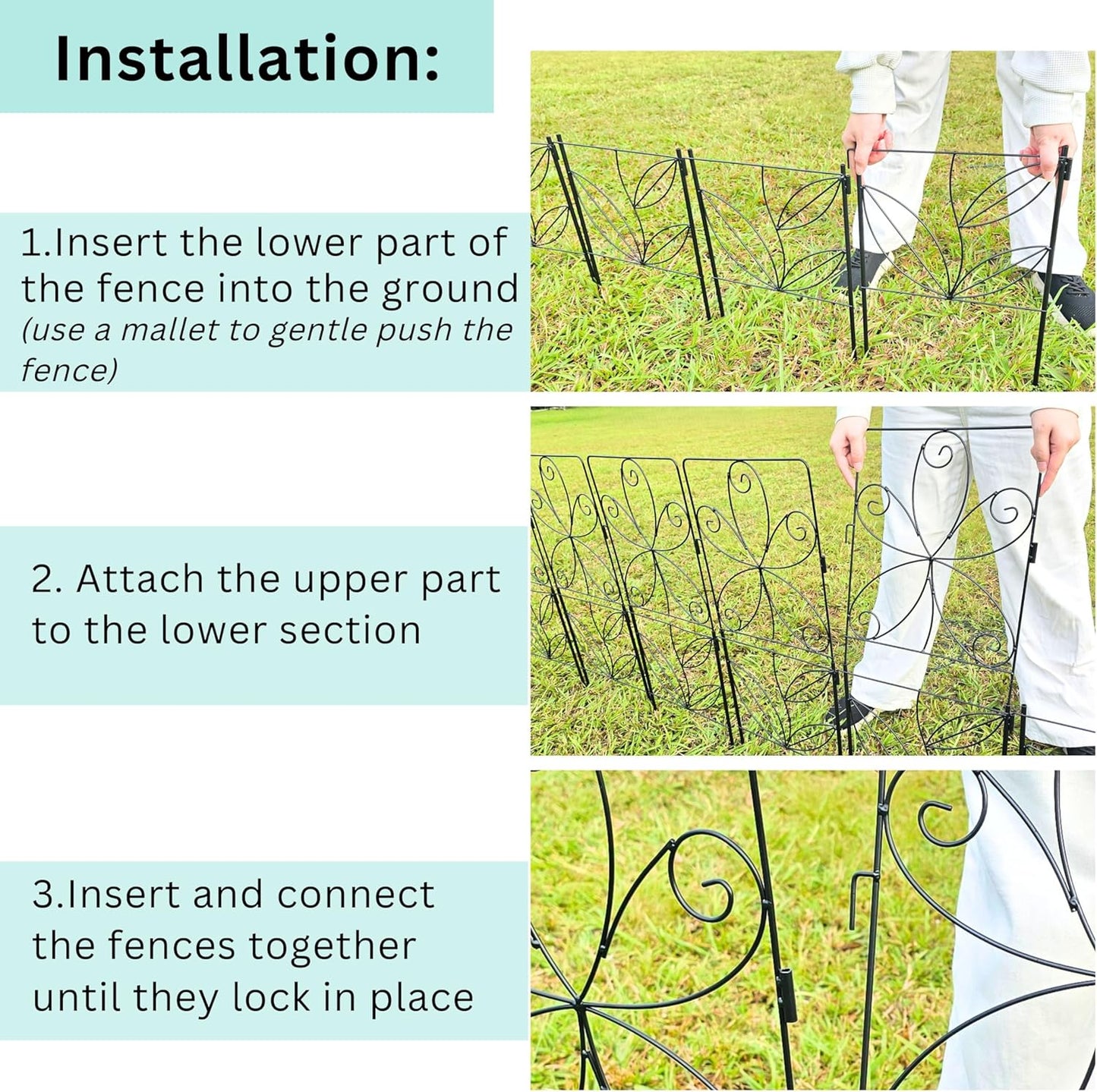 ShopLaLa Decorative Garden Fence (10 Panels) 12.5in(L) x 31in(H) Animal Barrier Fencing Rustproof Black Metal Wire Flower Edging for Landscape, Small Dog Fences Large No Dig Outdoor Yard Border D-F30C