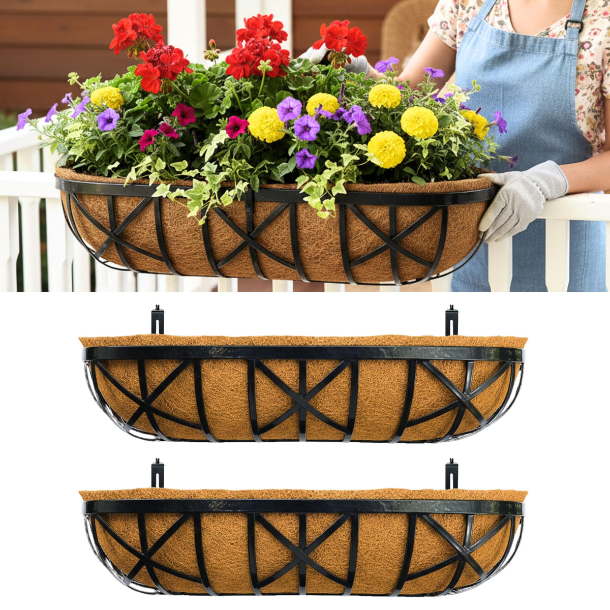 LaLaGreen 30 Inch, 2 Pack Railing Planters with Adjustable Mounting Brackets – Black Metal Window Planter Boxes for Outdoor Gardening, Wall-Mount Flower Pots, Balcony Fence Patio, Porch, Garden