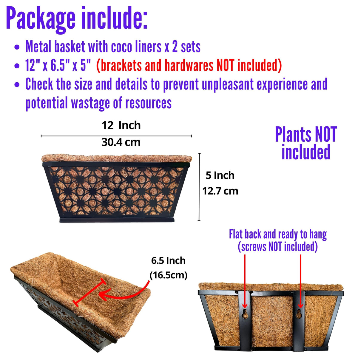 LaLaGreen Flower Wall Planter (12 in, 2 Pack) Black Metal Window Boxes