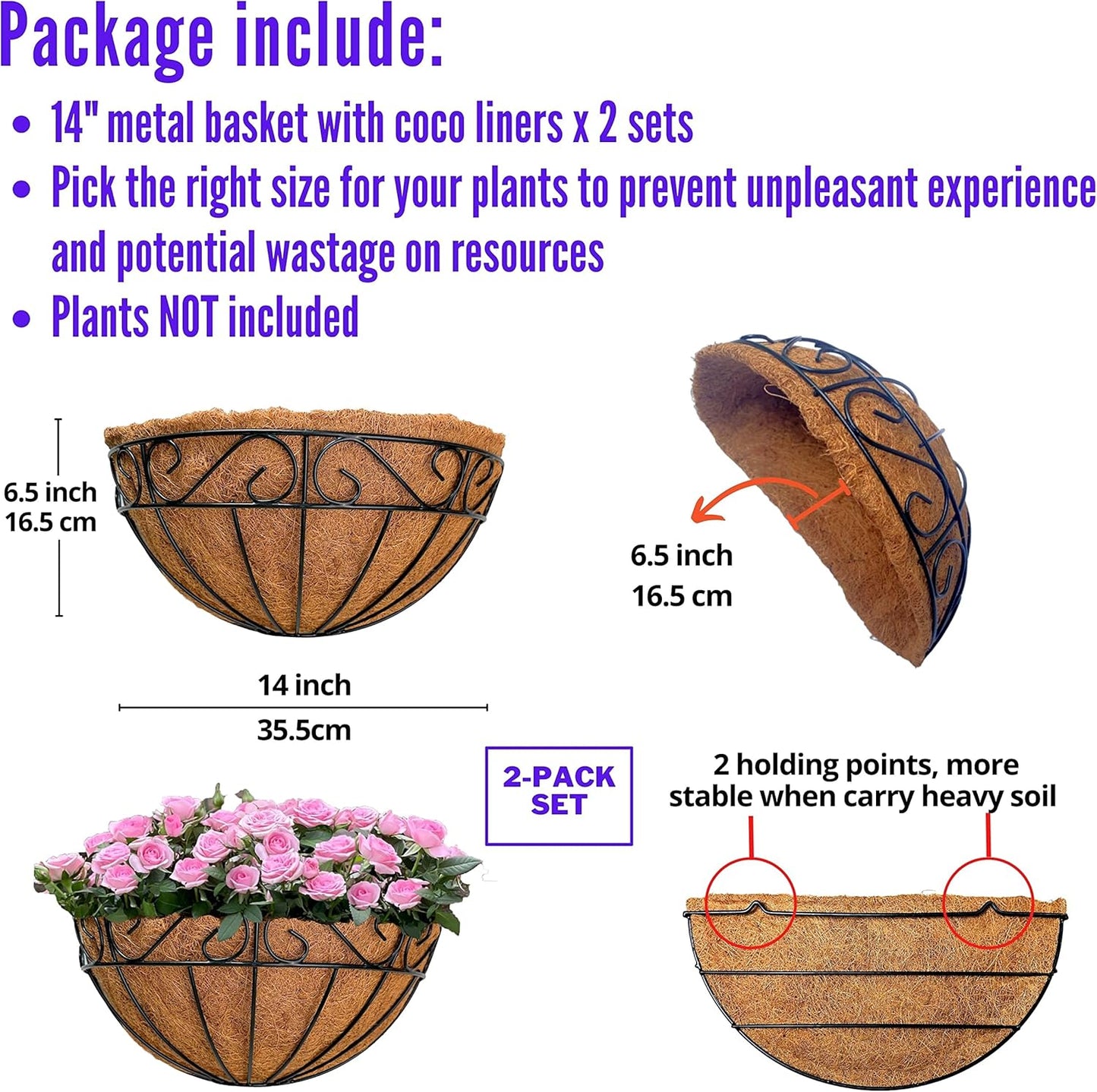 LaLaGreen Large Wall Planter Outdoor - 2 Pack, 14 Inch Large Fence Hanging Flower Baskets with Coco Liner, Herb Pots Holder Rail Planter Outside Railing Deck Porch Balcony Vertical Garden Privacy Wall