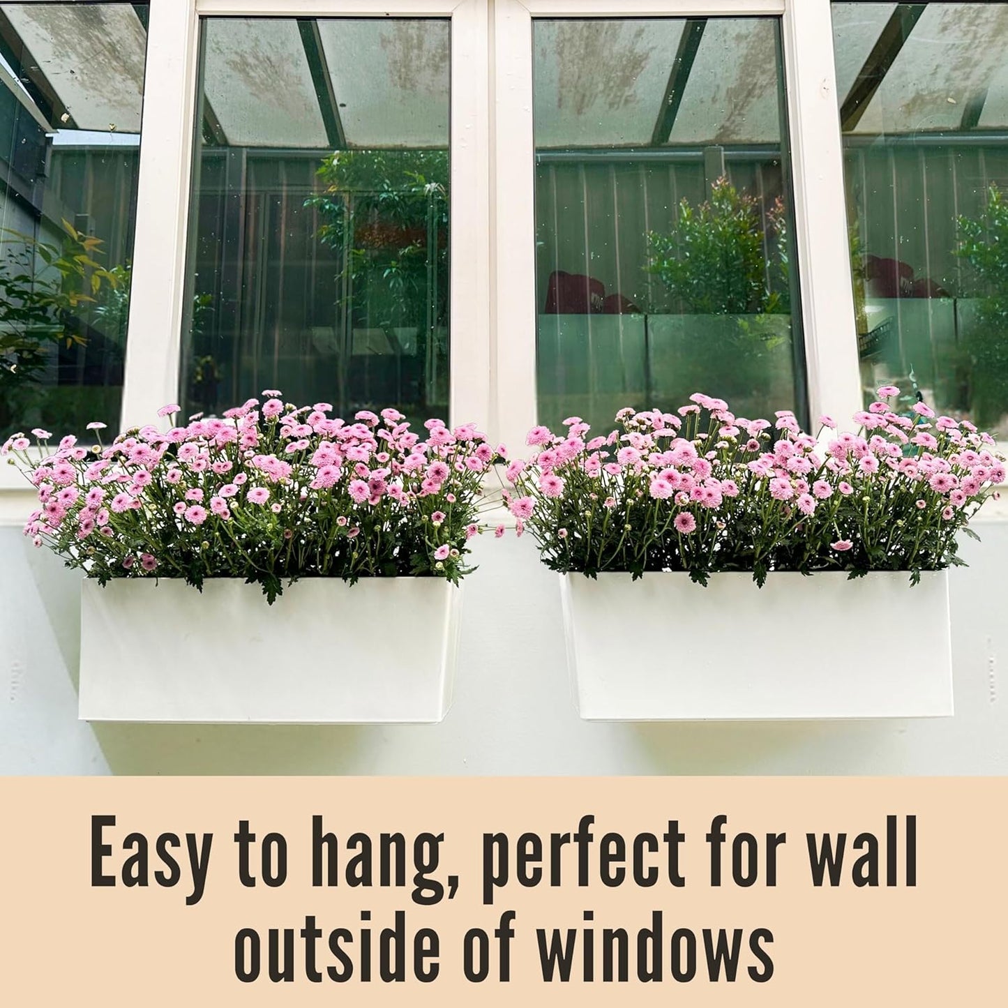 LaLaGreen Wall Planter for Outdoor (2 Pack, 14 Inch) Wall Mounted Self Watering System White Flower Box with Bracket, Window Wall Hanging Rectangular Plant Pot Container Indoor Modern Herb Kitchen