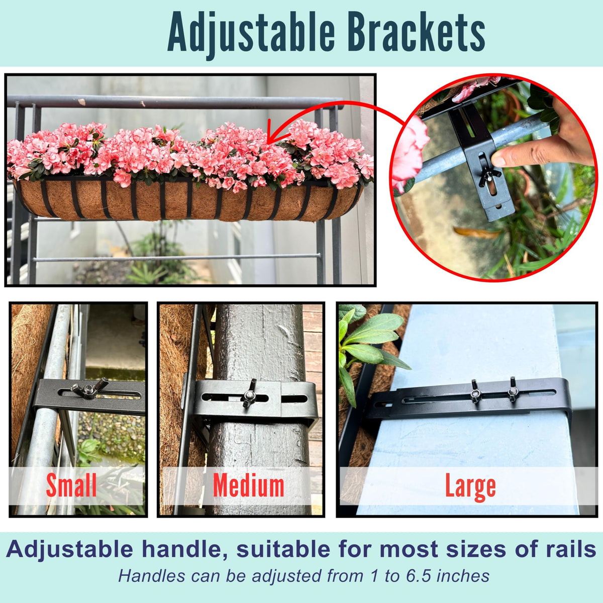 LaLaGreen Deck Railing Planter Boxes (16 Inch, 2 Pack) Black Metal Rectangular Hanging Planters with Coco Liner, Adjustable Flower Planter Box Brackets for Plants Fence Balcony Patio Porch Over Rail