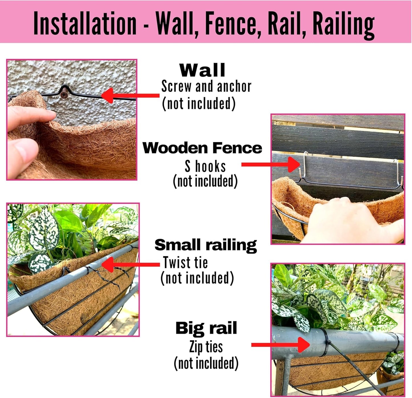 LaLaGreen Wall Hanging Planters, 4 Pack, 12 Inch Balcony Flower Baskets with Coco Liner Outside, Outdoor Vertical Garden, Fence Pots Holder Half Round Semi Circle Rail Railing Deck Porch Balcony Patio