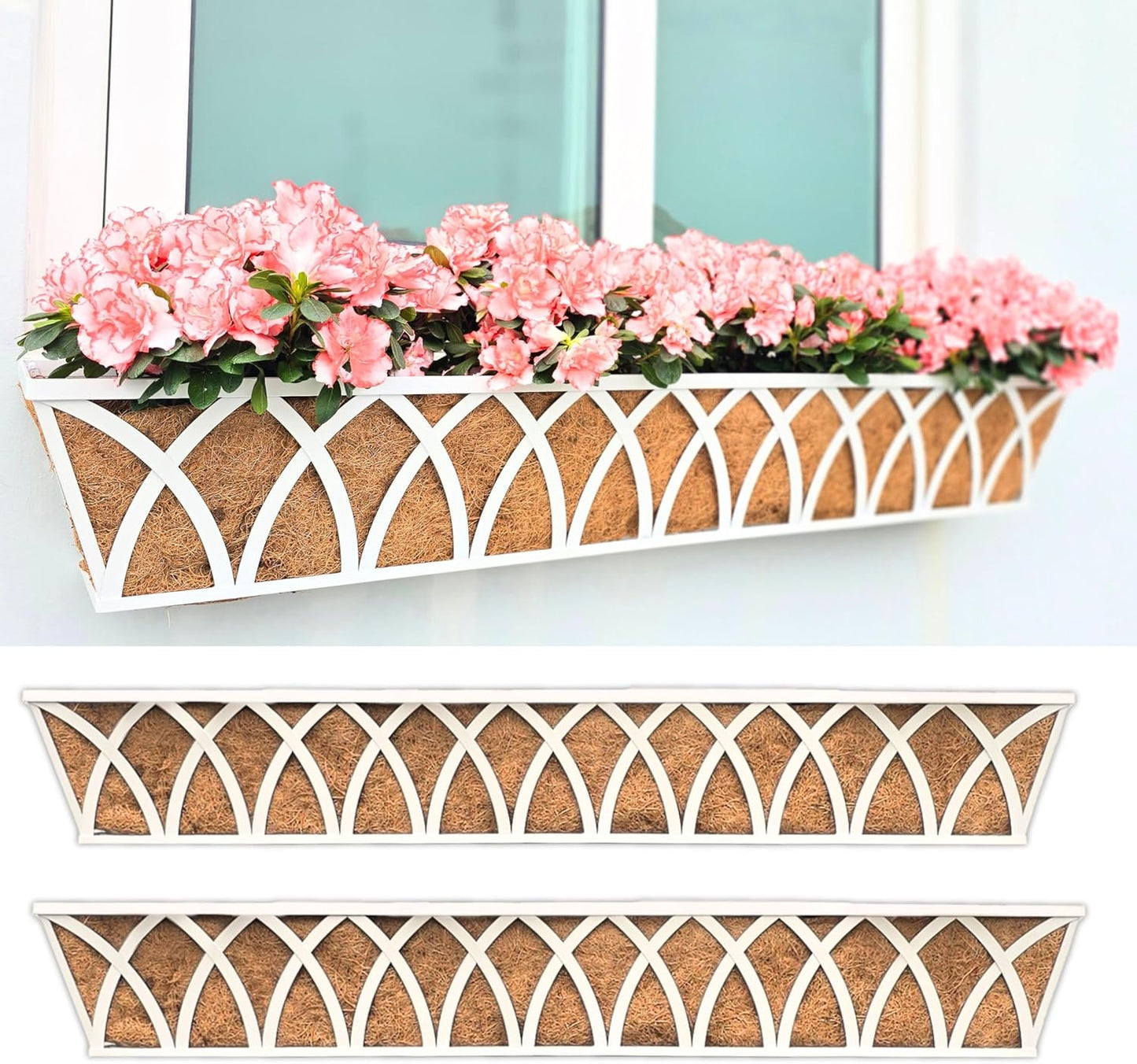 LaLaGreen Wall Planter Outdoor (36 Inch, 2 Pack) White Metal Rectangular Hanging Flower Boxes with Coco Liner Window Basket Plant Holder Deck Rail Railing Patio Horse Trough Balcony Fence Porch Garden
