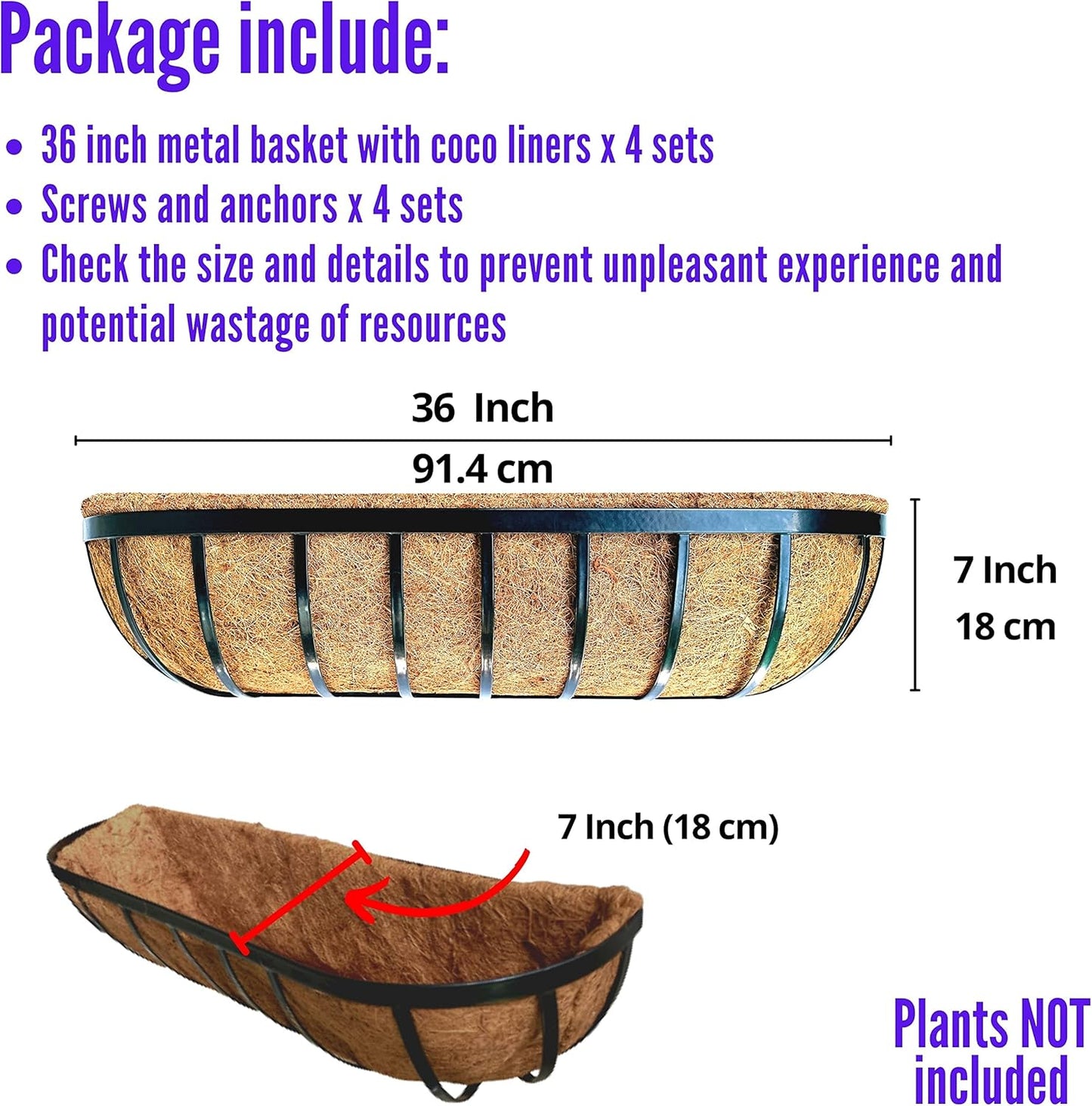 LaLaGreen Deck Railing Planter Boxes - 4 Pack, 36 Inch Long Window Flower Box Attach to House, Wall Planters for Outdoor Plants with Coco Liners English Horse Trough Fence Balcony Garden Porch Rail