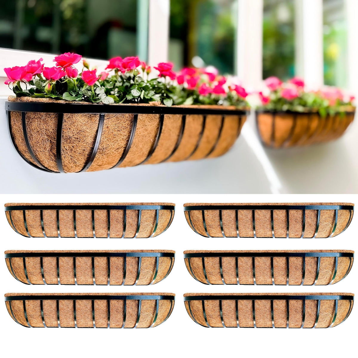 LaLaGreen Black Metal Wall Planter (24 in, 8 Pack) Window Flower Box Holder