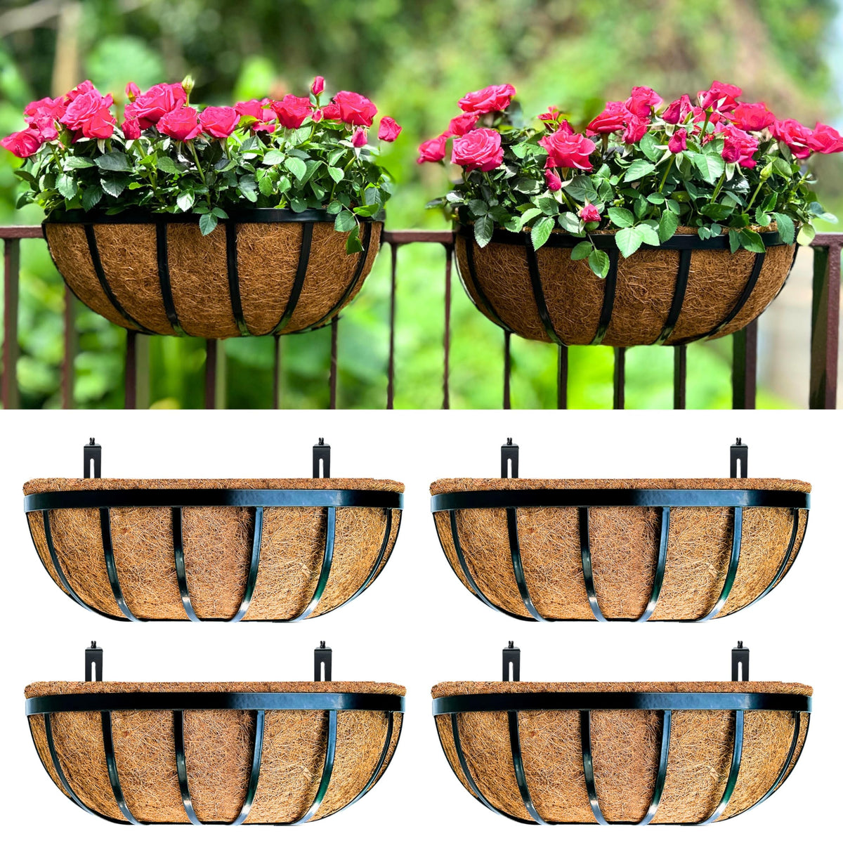 LaLaGreen Deck Railing Planter Boxes (16 Inch, 2 Pack) Black Metal Rectangular Hanging Planters with Coco Liner, Adjustable Flower Planter Box Brackets for Plants Fence Balcony Patio Porch Over Rail